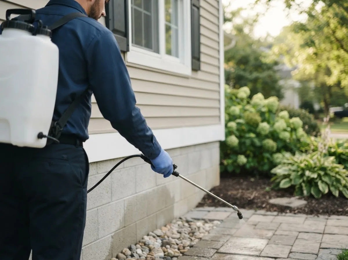 Pest control technician inspecting a home in Topsfield, ME